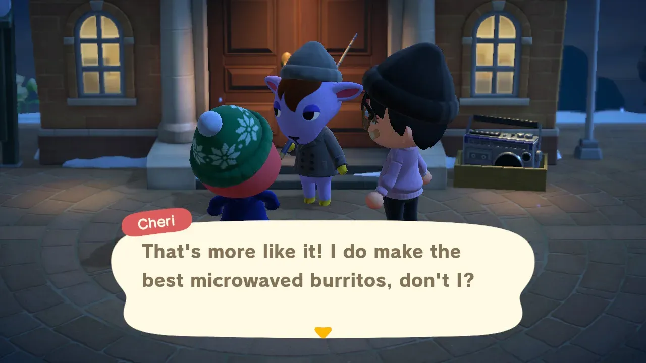 Animal Crossing screenshot. Cheri is saying "That's more like it! I do make the best microwaved burritos, don't I?"